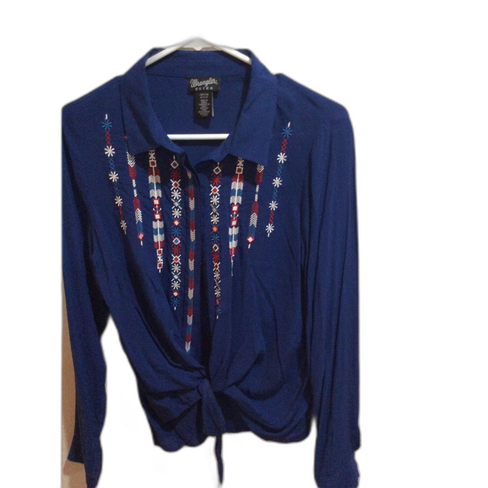 Wrangler Retro Tie front long sleeve Blue embroidered blouse Small S womens